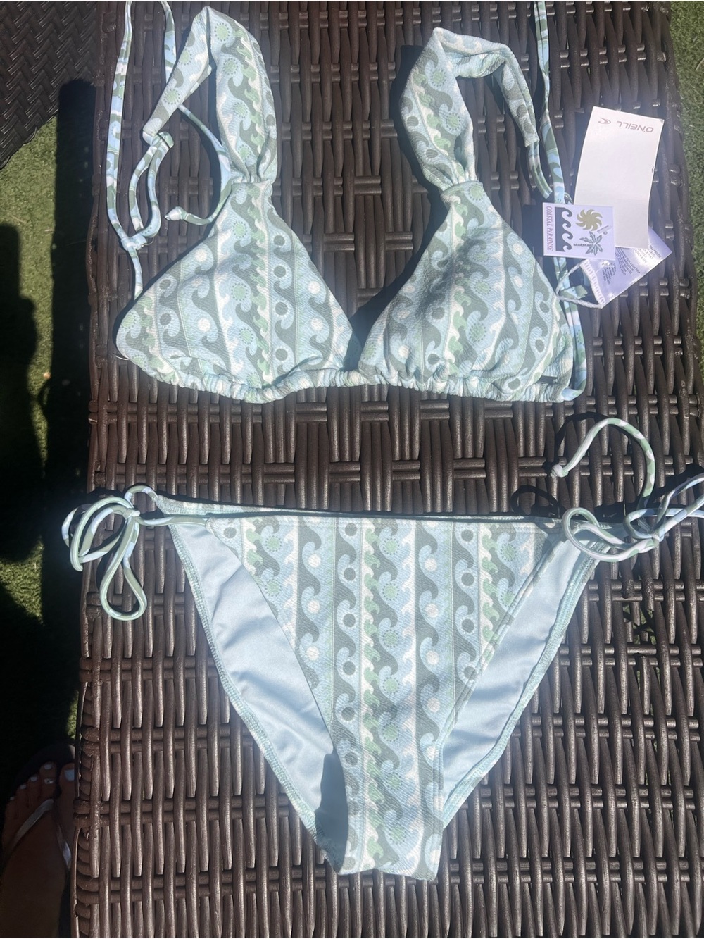 O'Neill Mint Green & Light Blue Wave-Print Tie-Side Bikini.  L top M bottom